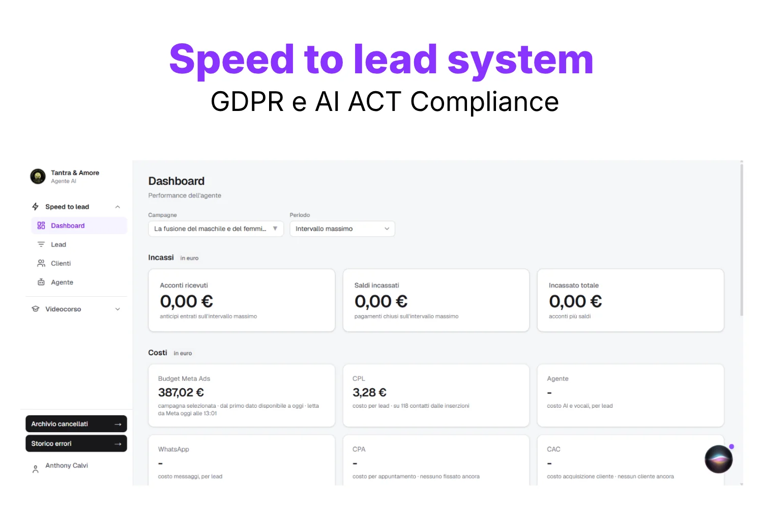 Speed to lead system, GDPR e AI Act compliance: dashboard di un agente AI realizzato per un cliente
